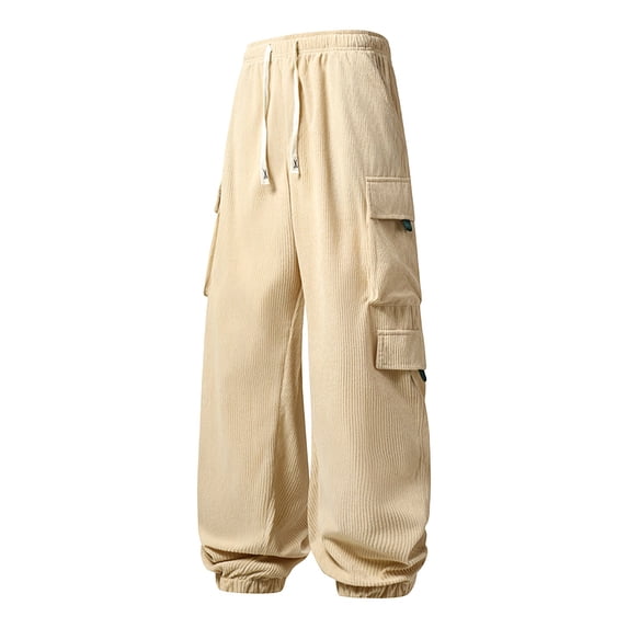 cfhntfmh Mens Corduroy Cargo Pants Casual Jogger Pants Drawstring Elastic Waist Baggy Sweatpants with Pockets (Khaki,X-Small)