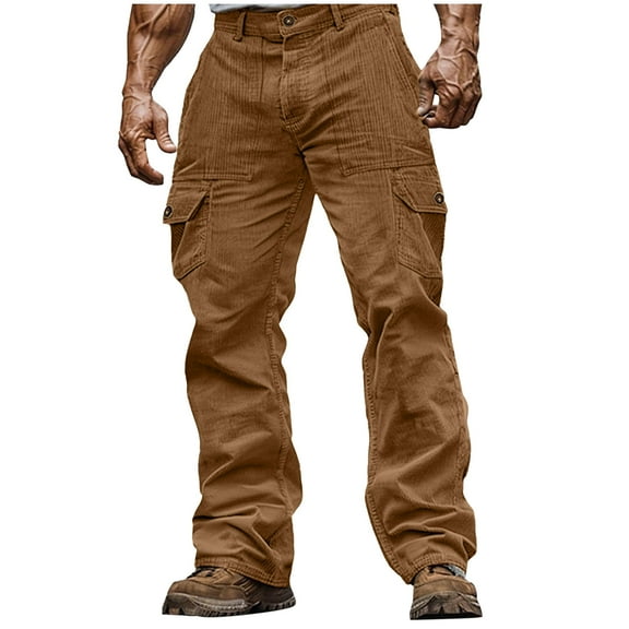 cfhntfmh Mens Corduroy Straight Leg Pants Fall Trendy Casual Solid High Waist Pants Loose Fit Stretch Trouser with Pockets