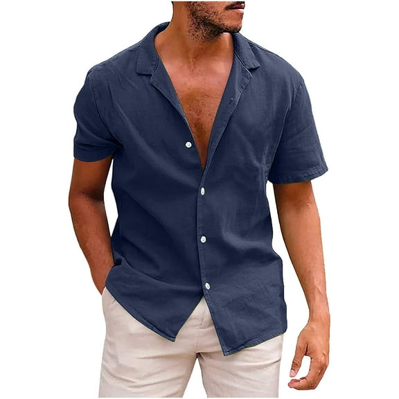 cfhntfmh Mens Cotton Linen Button down Shirts Summer Short Sleeve Collar Tops Casual Solid Color Beach Shirts