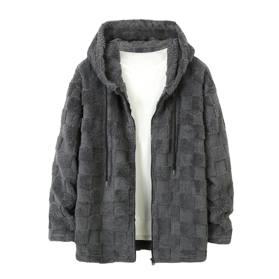 cfhntfmh Mens Fuzzy Sherpa Jacket Fleece Long Sleeve Full Zip Open Front Thermal Coat Fall Winter Hooded Outwear(Dark Gray,Small)