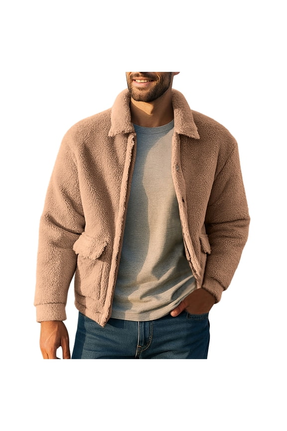 Mens Fuzzy Sherpa Jacket Fluffy Fleece Open Front Winter Warm Thicken Lined Outwear Button down Coat