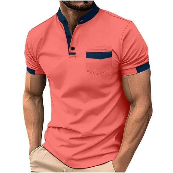 cfhntfmh Mens Henley Shirts Short Sleeve Casual Summer Basic T Shirts Button Vintage Patchwork Color Block Tee Tops