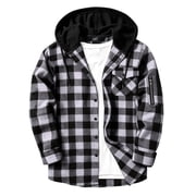 cfhntfmh Mens Jacket Button down Hooded Jackets Drawstring Outdoor Clothes Hiking Casual Plaid Coat with Pockets Black,Large