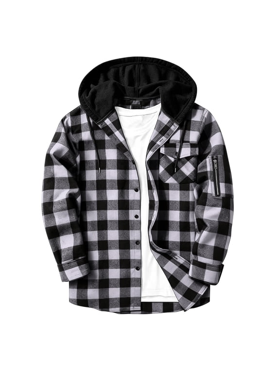 Mens Jacket Button down Hooded Jackets Drawstring Outdoor Clothes Hiking Casual Plaid Coat with Pockets (Black,Small)