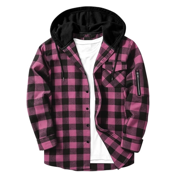 cfhntfmh Mens Jacket Button down Hooded Jackets Drawstring Outdoor Clothes Hiking Casual Plaid Coat with Pockets (Hot Pink,3X-Large)