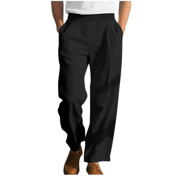 cfhntfmh Mens Lined Pants Stretch Dress Pants Solid Color Comfy Trousers Drawstring Lightweight Work Slacks with Pockets（Black,3X-Large)