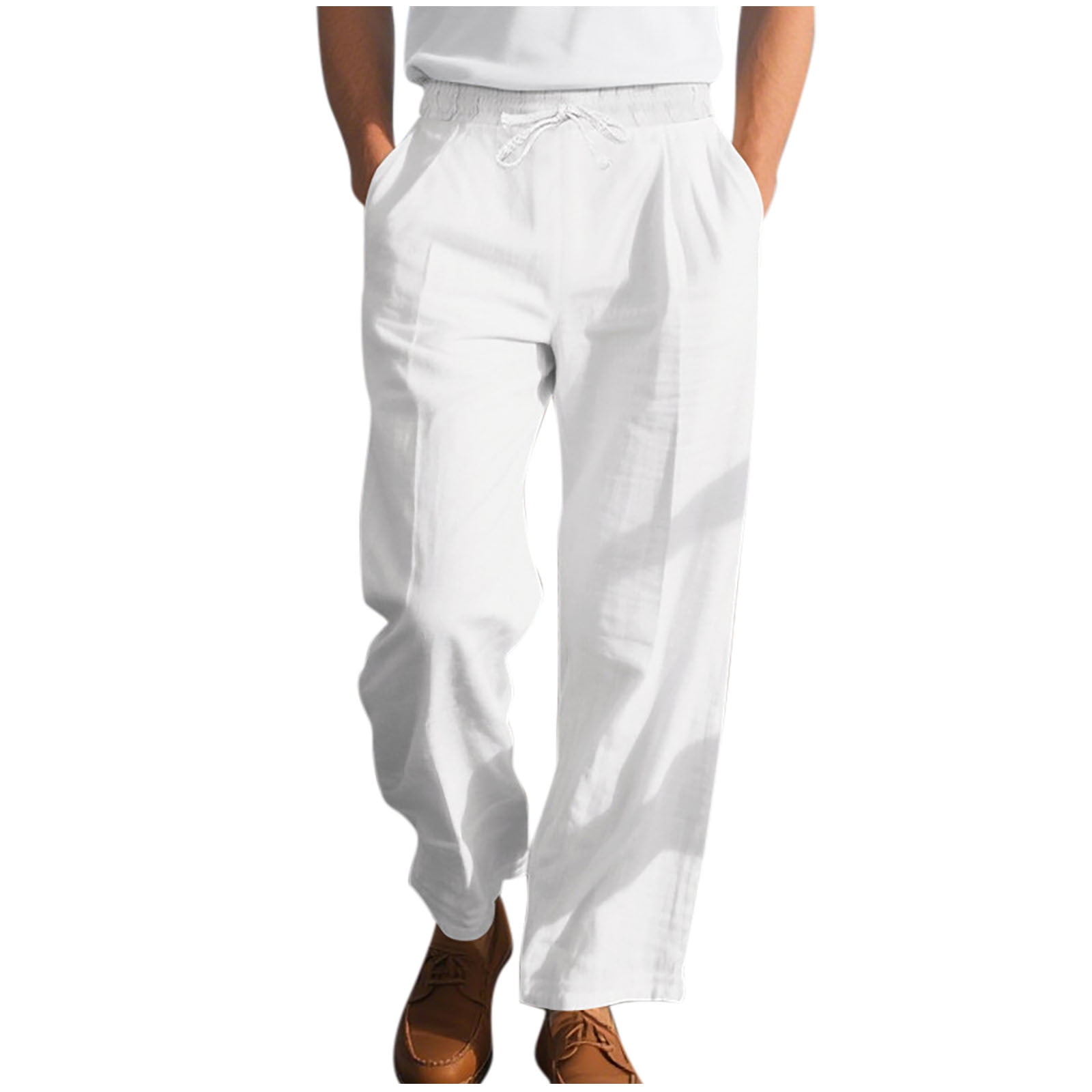 Cfhntfmh Mens Lined Pants Stretch Dress Pants Solid Color Comfy Trousers Drawstring Lightweight Work Slacks with PocketsWhite,XX-Large), Men's, Size: