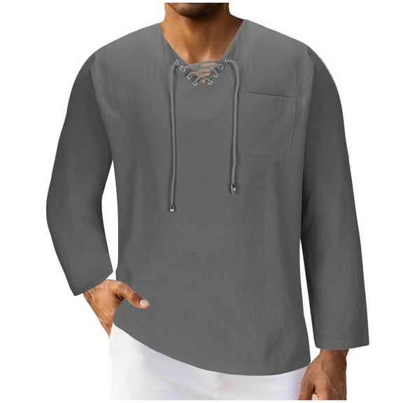 cfhntfmh Mens Linen Beach Tee Shirts Drawstring V Neck Shirts Long Sleeve Tunic Summer Vacation Big and Tall Shirt(Dark Gray,XX-Large)