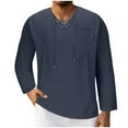 thumbnail image 1 of cfhntfmh Mens Linen Beach Tee Shirts Drawstring V Neck Shirts Long Sleeve Tunic Summer Vacation Big and Tall Shirt(Navy,X-Large), 1 of 5