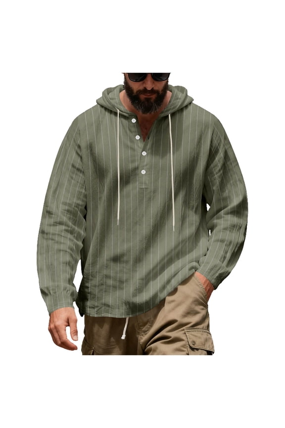 Mens Linen Shirt Drawstring Pullover Lightweight Spring Clothes Casual Beach Summer Tops Striped Long Sleeve Streetwear