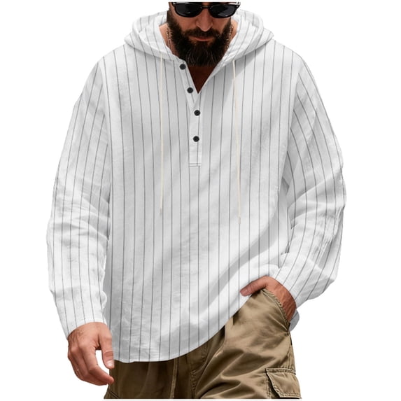 cfhntfmh Mens Linen Shirt Drawstring Pullover Lightweight Spring Clothes Casual Beach Summer Tops Striped Long Sleeve Streetwear