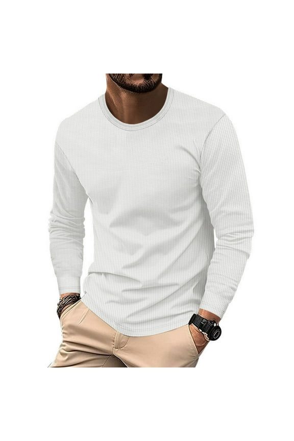 Mens Long Sleeve Crew Neck Shirt Lightweight Muscle Stretch T-Shirt Knitted Collarless T-Shirt Spring Fall Tee(White,Medium)