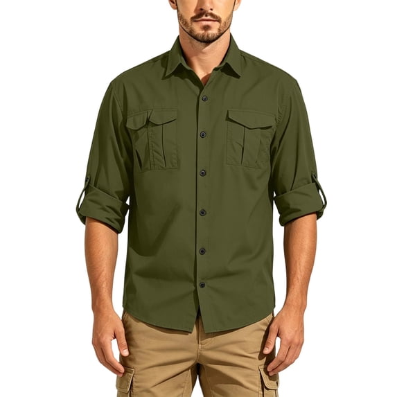 cfhntfmh Mens Long Sleeve Fishing Shirt Button down Work Shirt Lightweight Collared Outdoor Shirts with Pockets (Army Green,Large)
