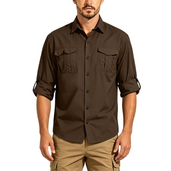 cfhntfmh Mens Long Sleeve Fishing Shirt Button down Work Shirt Lightweight Collared Outdoor Shirts with Pockets (Brown,Small)