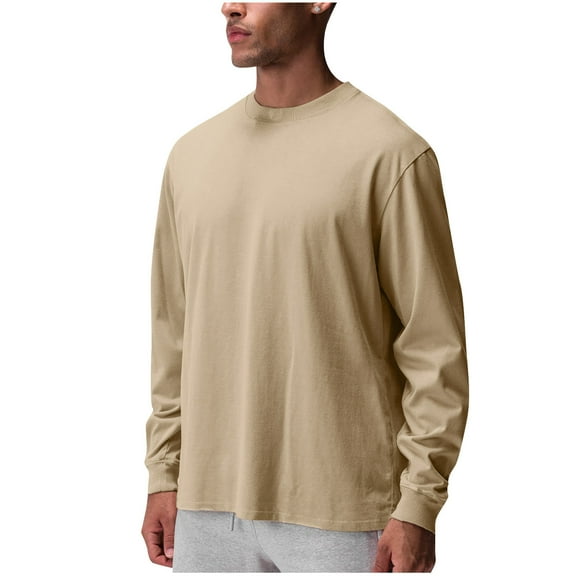 cfhntfmh Mens Long Sleeve Tee Shirts Big and Tall Crew Neck Soft Basic T-Shirts Casual Outdoor Hiking Clothes Spring Fashion(Khaki,Medium)