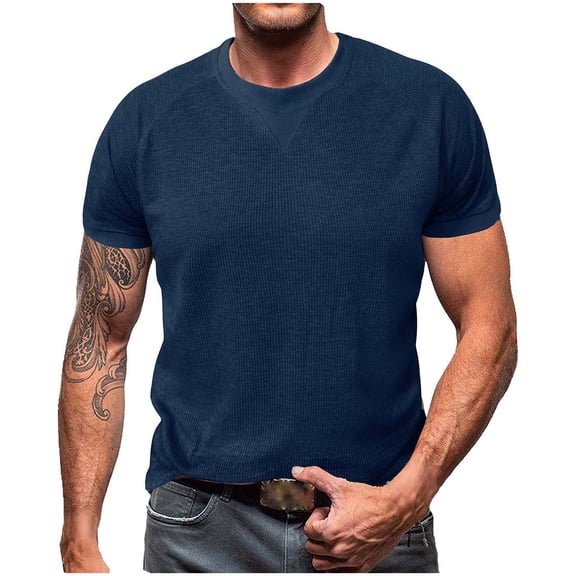 cfhntfmh Mens Muscle T-Shirts Short Sleeve Crewneck Shirt Casual Pullover Tees Trendy Lightweight Workout Blouses(Navy,Large)