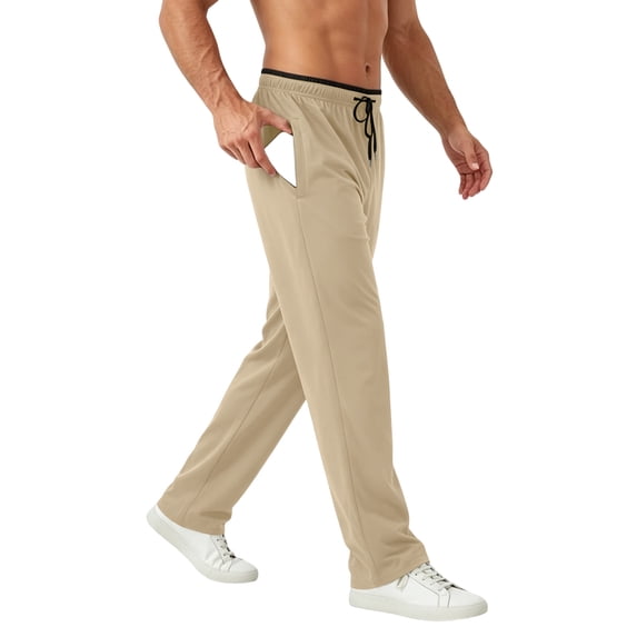 cfhntfmh Mens Running Pants Lightweight Straight Leg Drawstring Pants with Pockets Elastic Waisted Workout Pants (Khaki,X-Large)