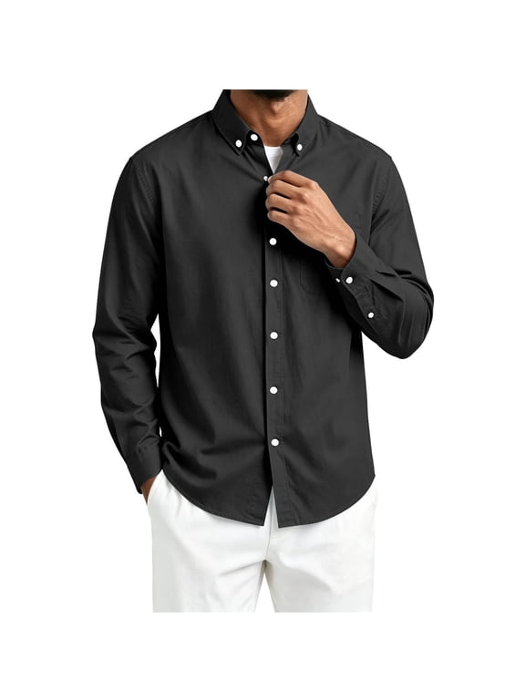 Mens Shirts Long Sleeve Button down Work Tops with Pockets Collared Loose Fit Casual Business Clothes (Black,XX-Large)