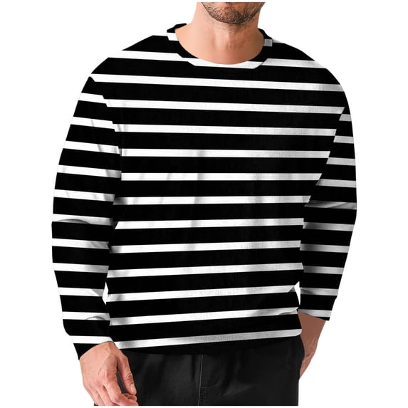 cfhntfmh Mens Striped Long Sleeved T-Shirt Big and Tall Spring Casual T-Shirt Fall Fashion Pullover Crew Neck Basic Tee Shirt(Black,Small)