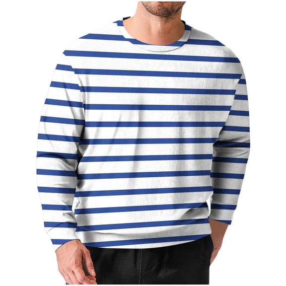 cfhntfmh Mens Striped Long Sleeved T-Shirt Big and Tall Spring Casual T-Shirt Fall Fashion Pullover Crew Neck Basic Tee Shirt(Navy,Small)