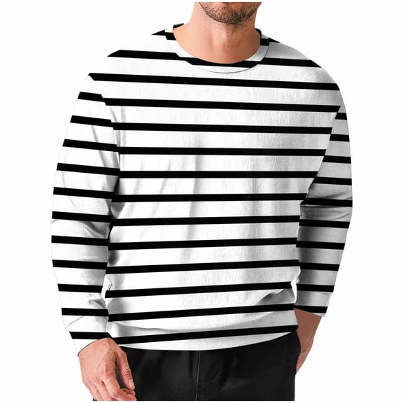 cfhntfmh Mens Striped Long Sleeved T-Shirt Big and Tall Spring Casual T-Shirt Fall Fashion Pullover Crew Neck Basic Tee Shirt(White,Large)