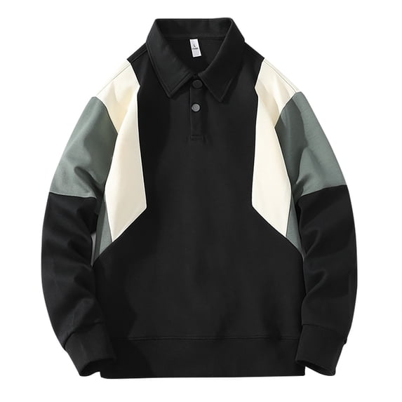 cfhntfmh Mens Sweatshirts Vintage Color Block Lapel Pullover Tops Loose Plus Size Button-Up Long Sleeve Lightweight Clothes(Black,4X-Large)