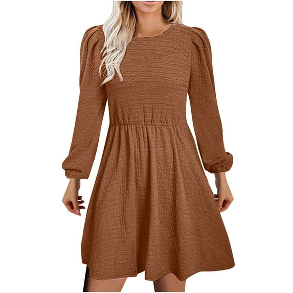 cfhntfmh Mini Dresses for Women Fall Crewneck Long Sleeve Short Dress Casual Solid Color Vacation Dress