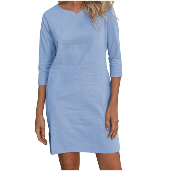 cfhntfmh Mini Dresses for Women Soft Crewneck 3/4 Sleeve Casual Fall Dress Cotton Linen Loose Vacation Beach Dress