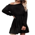thumbnail image 1 of cfhntfmh Mini Dresses for Women Trendy Long Sleeve Crewneck Tunic Shirts Dress Comfy Smocked Ruffle Hem Dress, 1 of 7