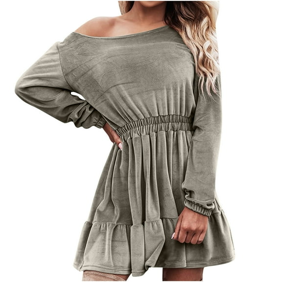 cfhntfmh Mini Dresses for Women Trendy Long Sleeve Crewneck Tunic Shirts Dress Comfy Smocked Ruffle Hem Dress
