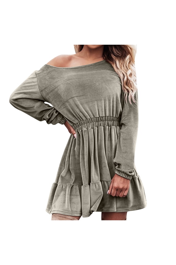Mini Dresses for Women Trendy Long Sleeve Crewneck Tunic Shirts Dress Comfy Smocked Ruffle Hem Dress