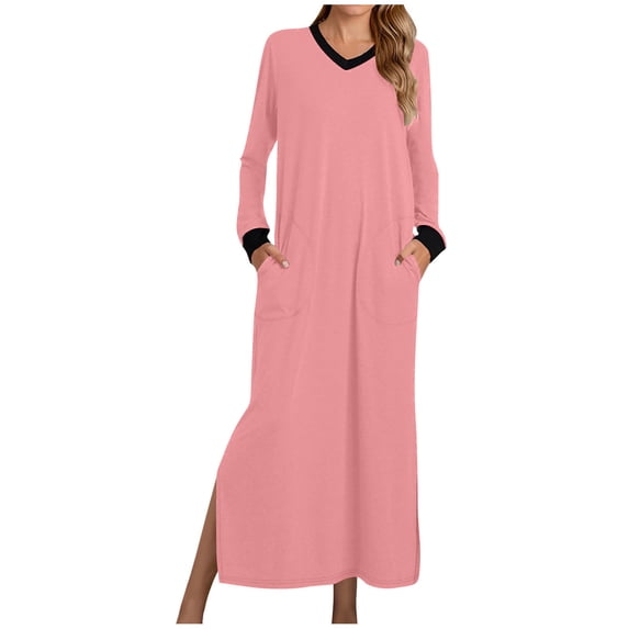 cfhntfmh Nightgown for Women Comfy V Neck Long Sleeve Color Block Full Length Nightshirts Lounge Side Slit Sleepwear with Pockets