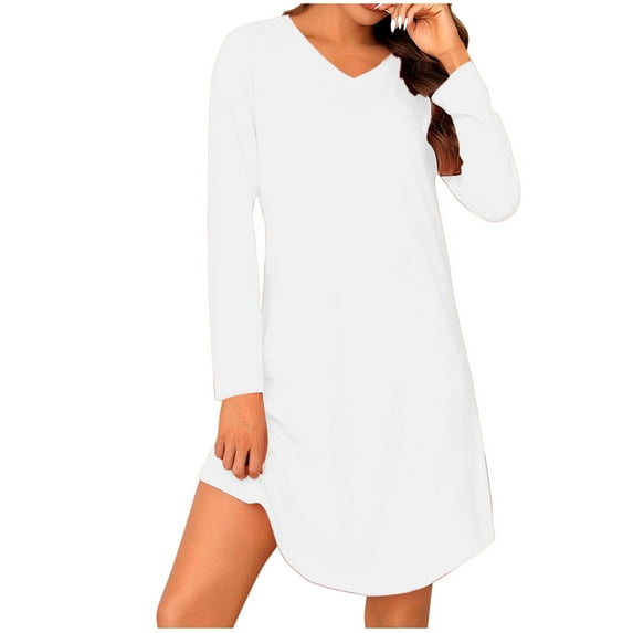 cfhntfmh Nightgowns for Women Comfy V Neck Long Sleeve Nightshirts Soft Flowy Plain Loungewear Sleepwear for S-XXL