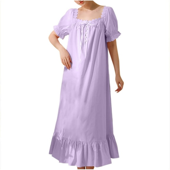 cfhntfmh Nightgowns for Women Soft Cotton Lace Short Sleeve Sleepwear Comfy Square Neck Buttons Ruffle Hem Ladies Nightdress