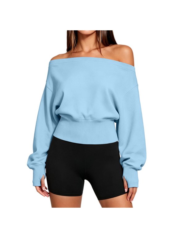 Off the Shoulder Sweatshirts for Women Loose Fit Boat Neck Fashion Clothes Fall Athletic Going out Tops (Light Blue,X-Large)
