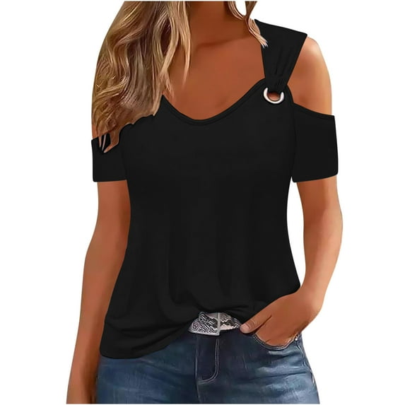cfhntfmh Off the Shoulder Tops for Women Summer Short Sleeve Shirt Scoop Neck Tee Casual Loose Tunic Top for Leggings