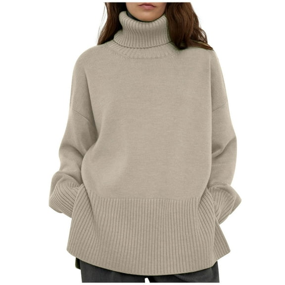cfhntfmh Oversized Sweater for Women Turtleneck Long Sleeve Casual Knit Pullover Tops Fall Winter Outfits for Women（Khaki,Large)