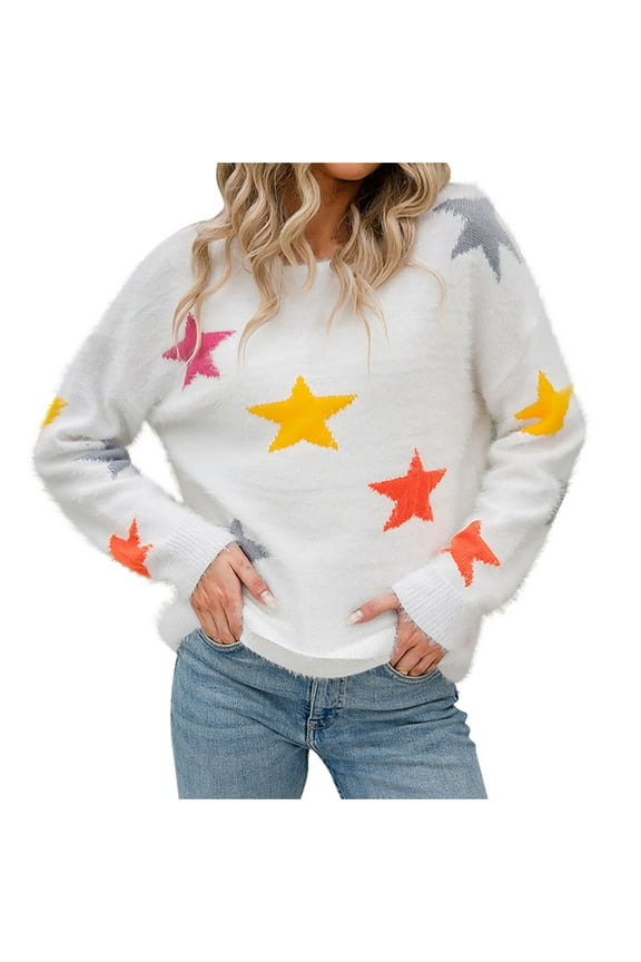 Oversized Sweater for Women Warm Fuzzy Crewneck Pullover Tops Winter Plush Long Sleeve Printed Shirts