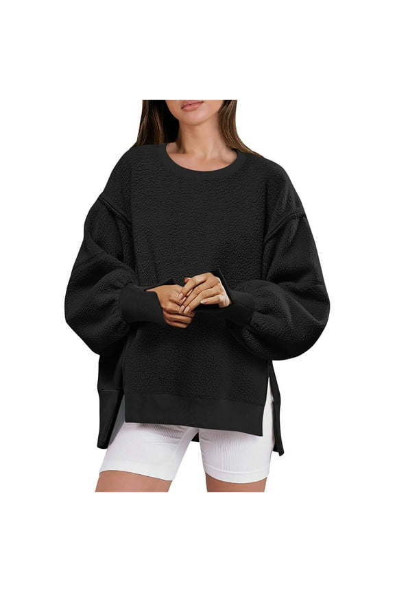 Oversized Sweatshirt for Women Fuzzy Crewneck Long Sleeve Pullover Tops Fashion Side Slit Plush Loose T-Shirts