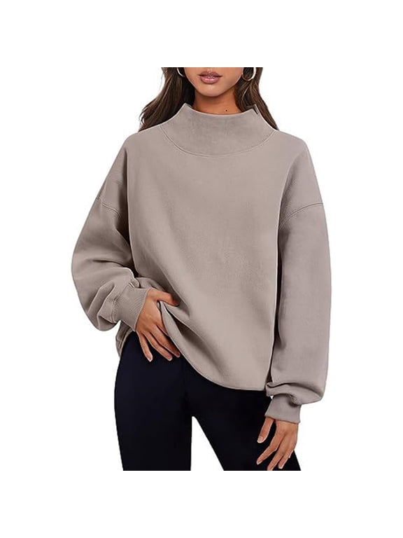 Oversized Sweatshirt for Women Trendy Mock Neck Solid Color T-Shirts Winter Warm Fleece Long Sleeve Pullover Tops