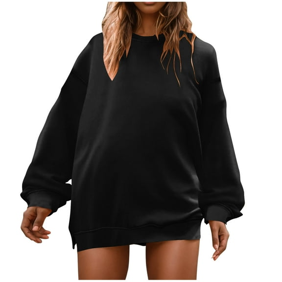 cfhntfmh Oversized Sweatshirts Women Crew Neck Long Sleeve Shirts Casual Loose Side Slit Fall Outfits Womens Fashion Clothes（Black,XX-Large)