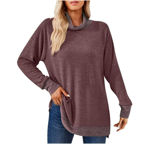cfhntfmh Oversized Tops for Women Soft High Neck Long Sleeve Color Block Pullover Shirts Fashion Loose Side Slit T-Shirts