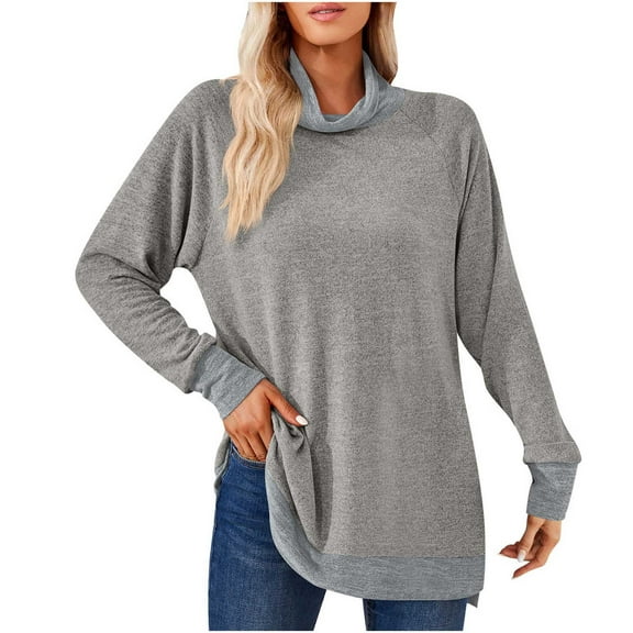 cfhntfmh Oversized Tops for Women Soft High Neck Long Sleeve Color Block Pullover Shirts Fashion Loose Side Slit T-Shirts