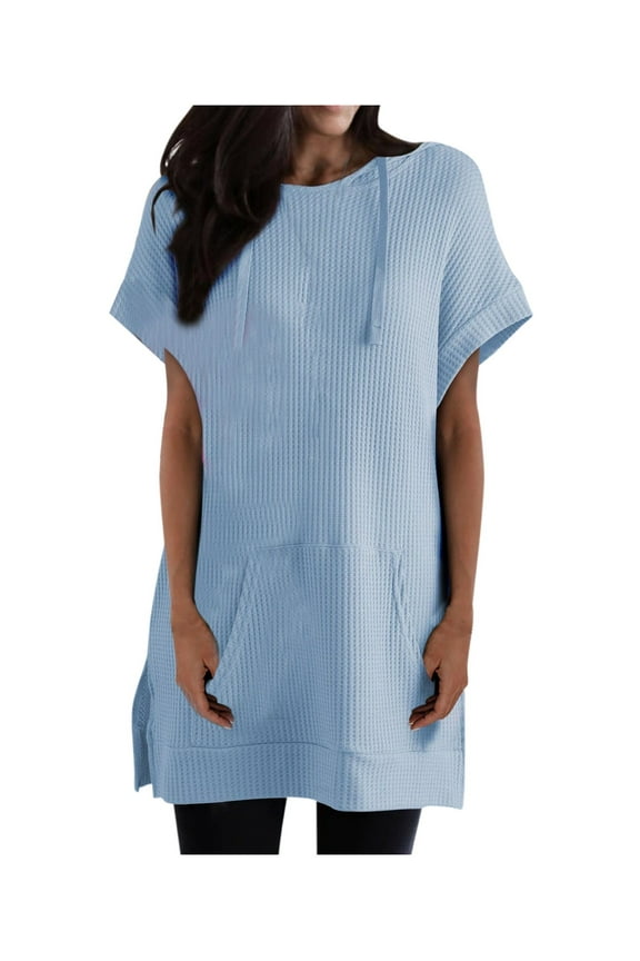 Oversized Tshirts for Women Baggy Round Neck Knit Drawstring Hoodies Short Sleeve Side Slit Pocketed Tunic Tops