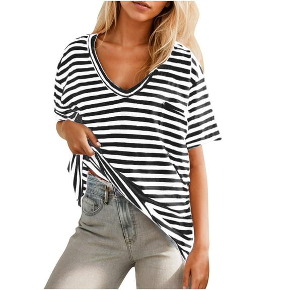 cfhntfmh Oversized Tshirts for Women Casual V Neck Short Sleeve Baggy Shirts Summer Fashion Loose Striped Going out Tops