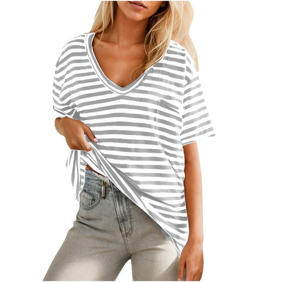 cfhntfmh Oversized Tshirts for Women Casual V Neck Short Sleeve Baggy Shirts Summer Fashion Loose Striped Going out Tops