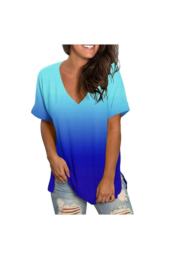 Oversized Tshirts for Women Fashion Print Deep V Neck Casual Shirts Loose Short Sleeve Summer Beach Tops