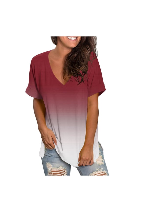 Oversized Tshirts for Women Fashion Print Deep V Neck Casual Shirts Loose Short Sleeve Summer Beach Tops