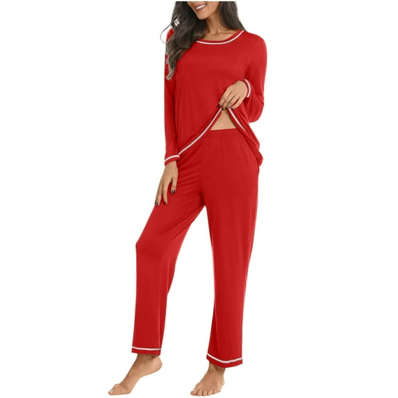 cfhntfmh Pajama Set for Women Long Sleeve Lounge 2 Piece Cute Crewneck Tops and Straight Leg Pants Loose Soft Sleepwear