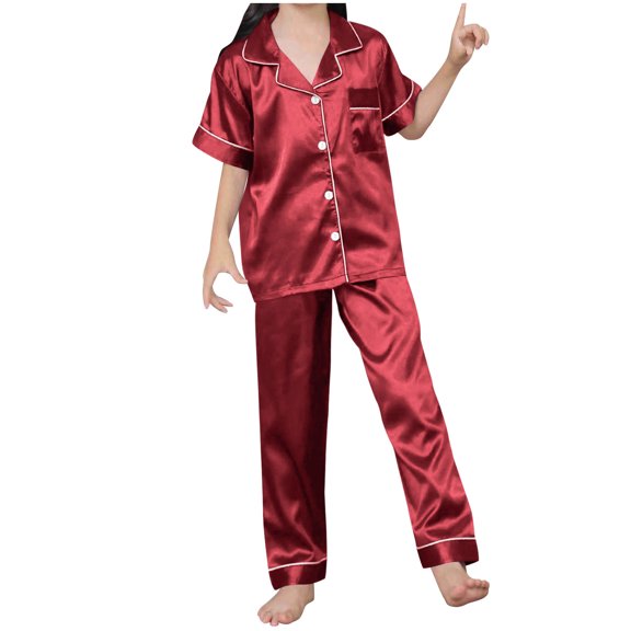 cfhntfmh Pajama Sets for Girls Boys Satin Collared Short Sleeve Buttons down Shirts Comfy Straight Leg Pants Sleepwear